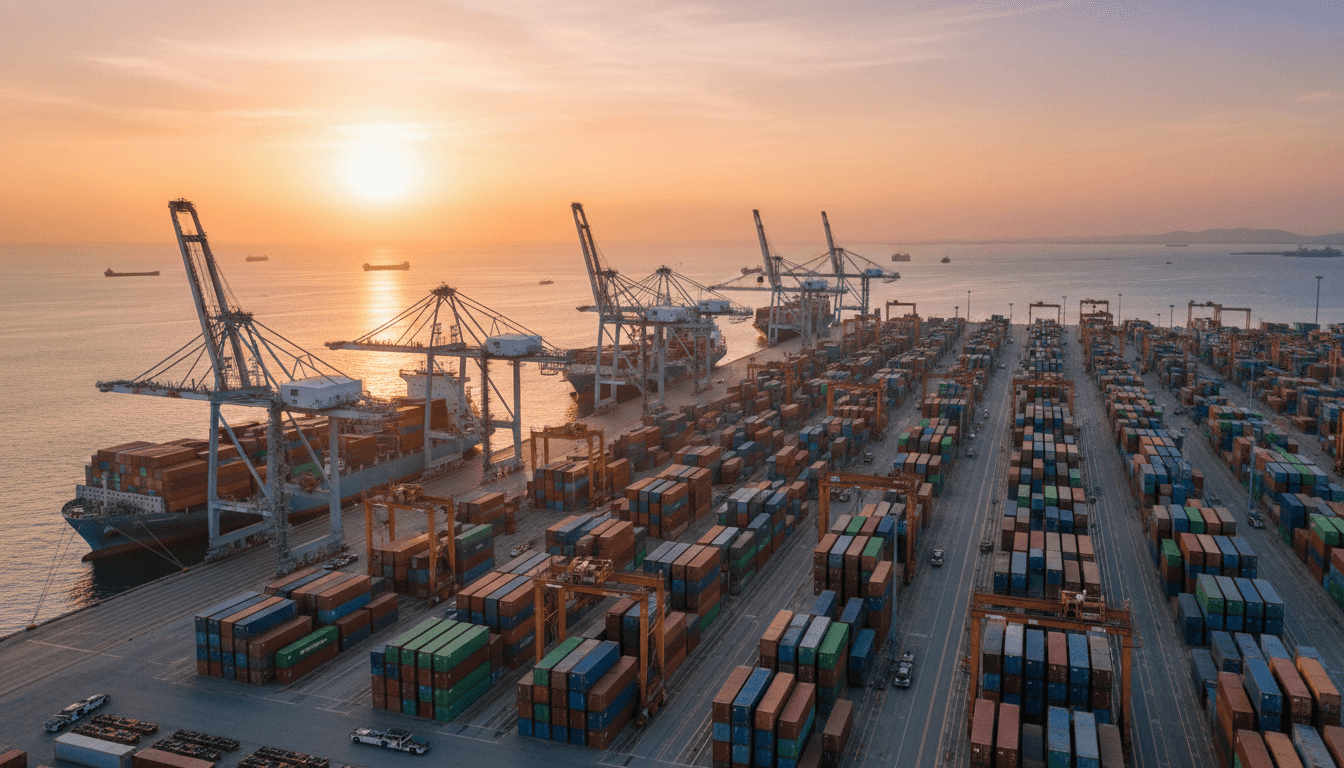 International shipping port with cargo containers and vessels at sunset, representing global trade operations