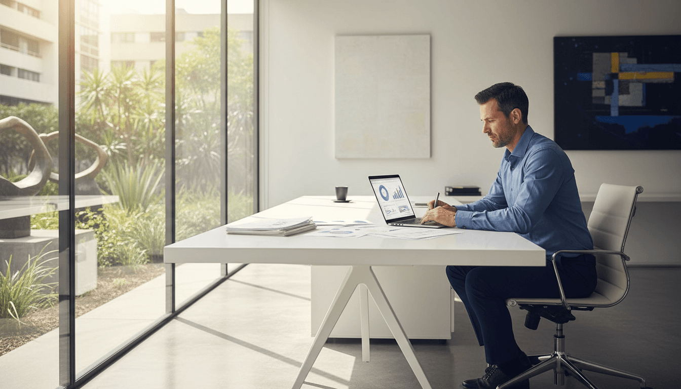 International trade professional analyzing market data and trade documents