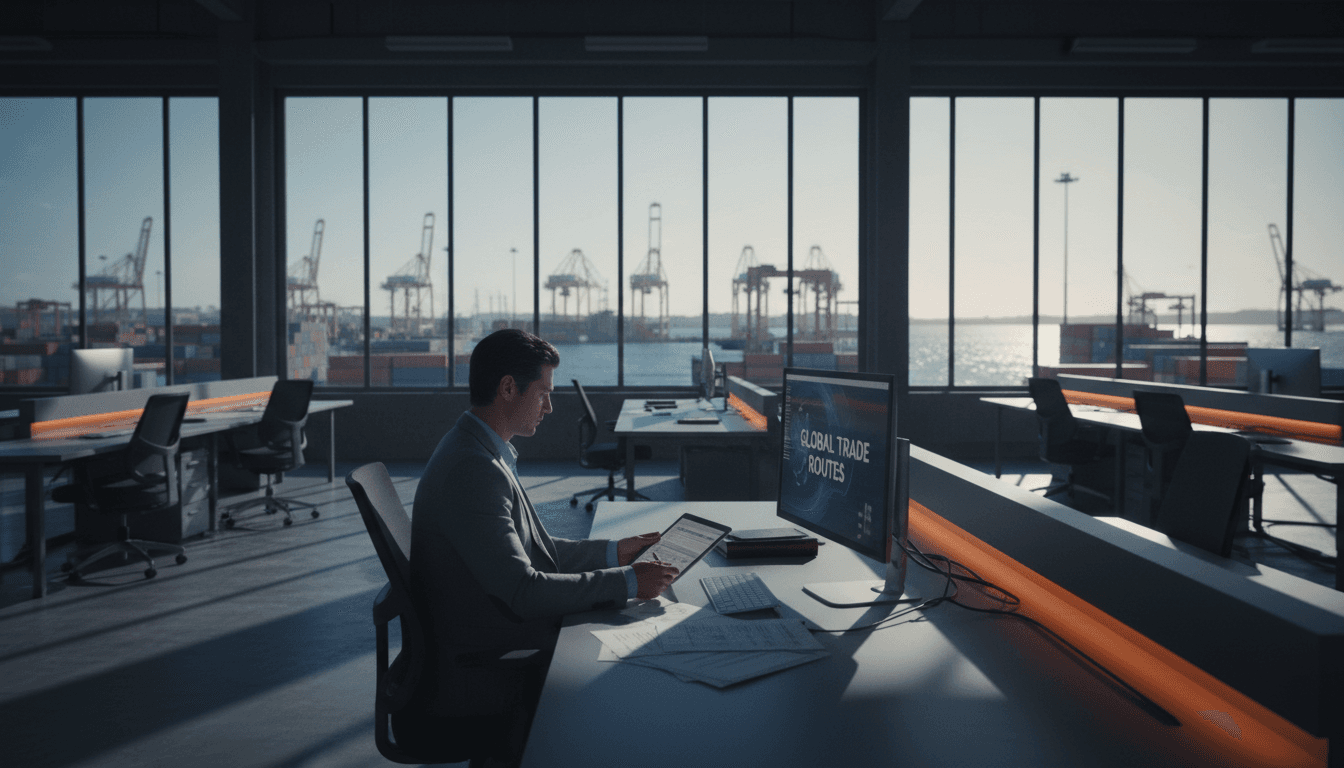 Trade operations professional reviewing international commerce documentation at modern workstation