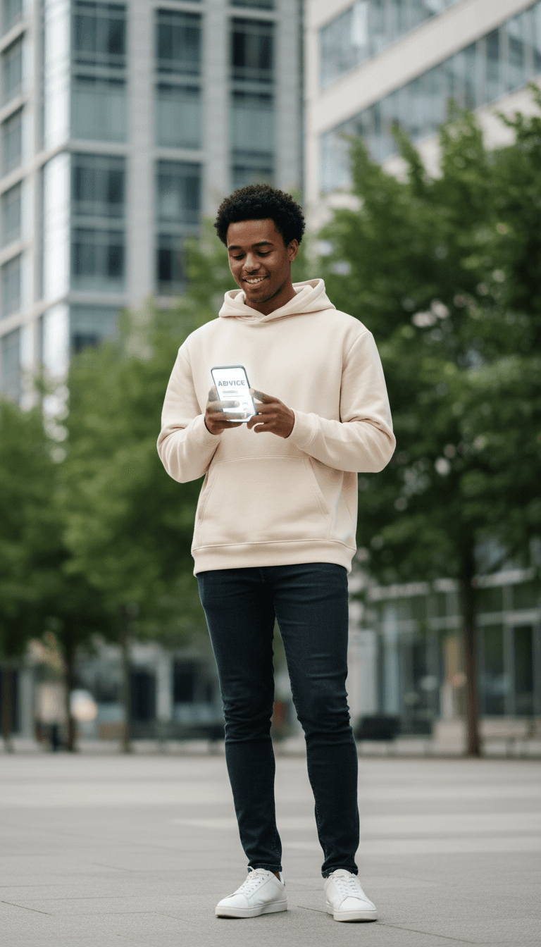 Confident young professional standing outdoors using smartphone app to receive personalized AI-powered guidance and recommendations
