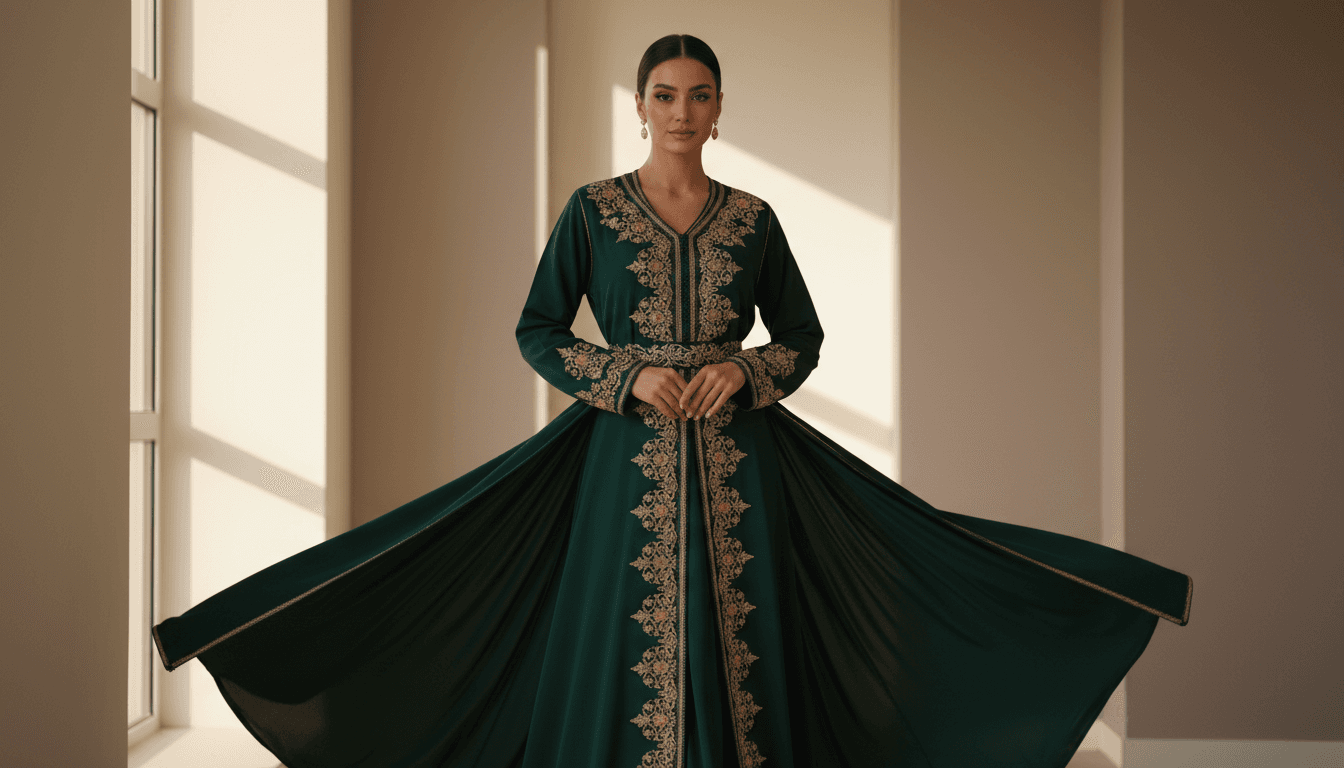 Woman elegantly posed in jewel-toned Moroccan caftan with intricate embroidery in minimalist modern interior