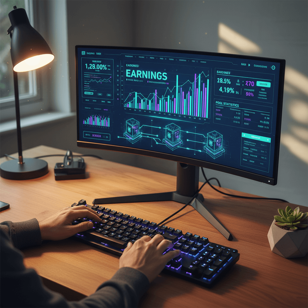 User's hands on glowing keyboard interacting with cryptocurrency mining simulator dashboard displaying colorful earning charts on desktop monitor