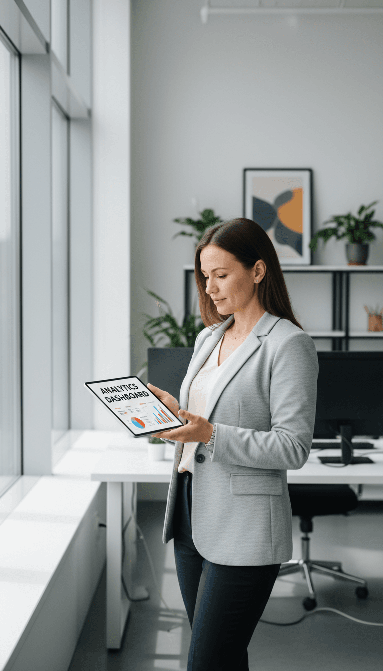 Professional woman holding tablet reviewing website analytics and content performance metrics in modern, naturally-lit office environment