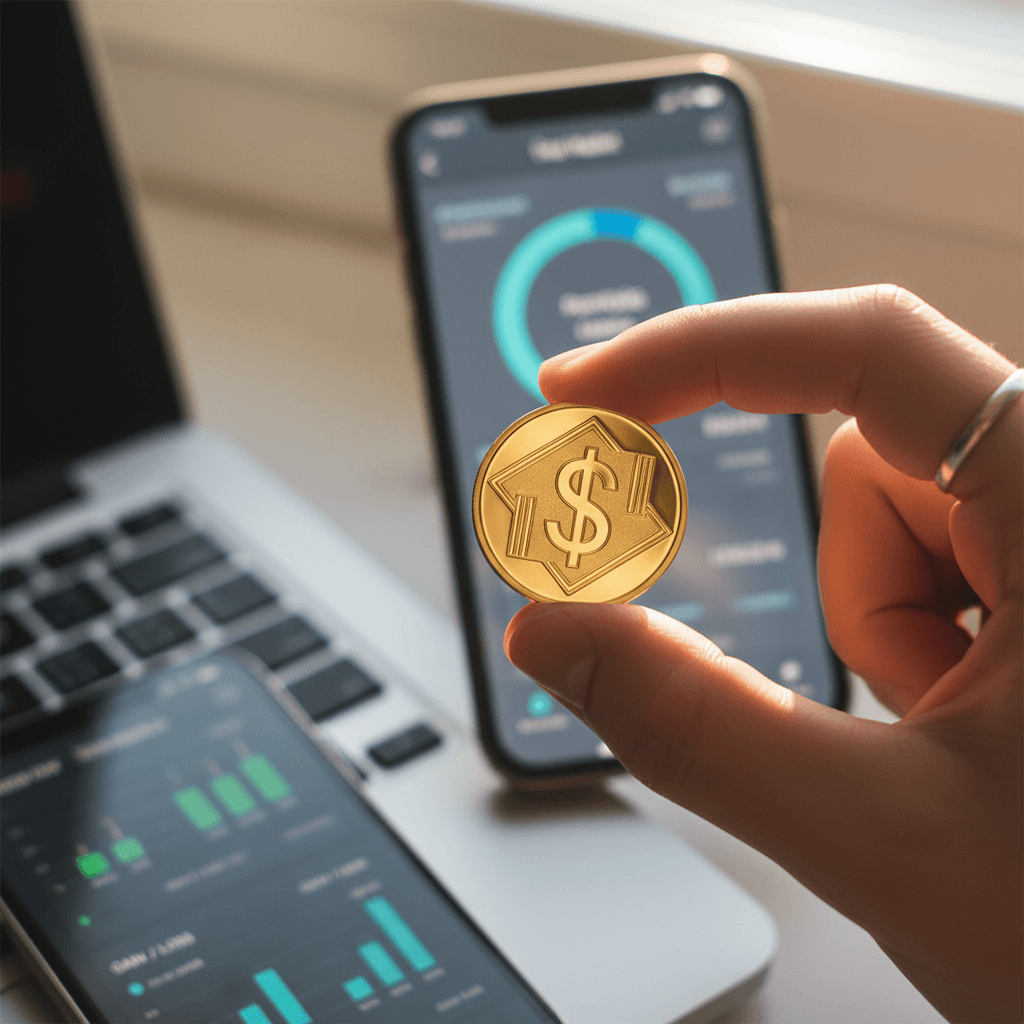 Hand holding fractional gold coin with digital wallet app interface blurred in background, demonstrating accessible precious metals investment